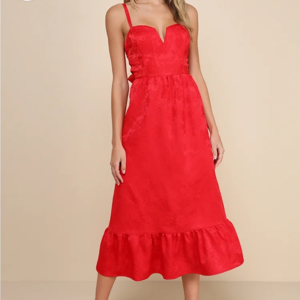 Lulu Major Perfection Red Floral Jacquard Midi Dress with Pockets